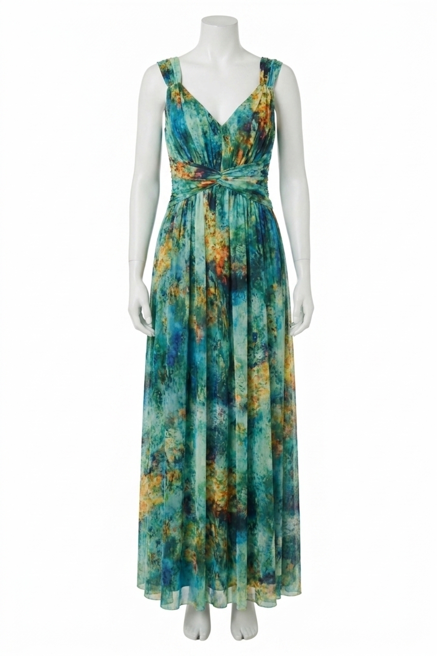 NEW LONDON TIMES twist front v-neck midi dress in green & gold